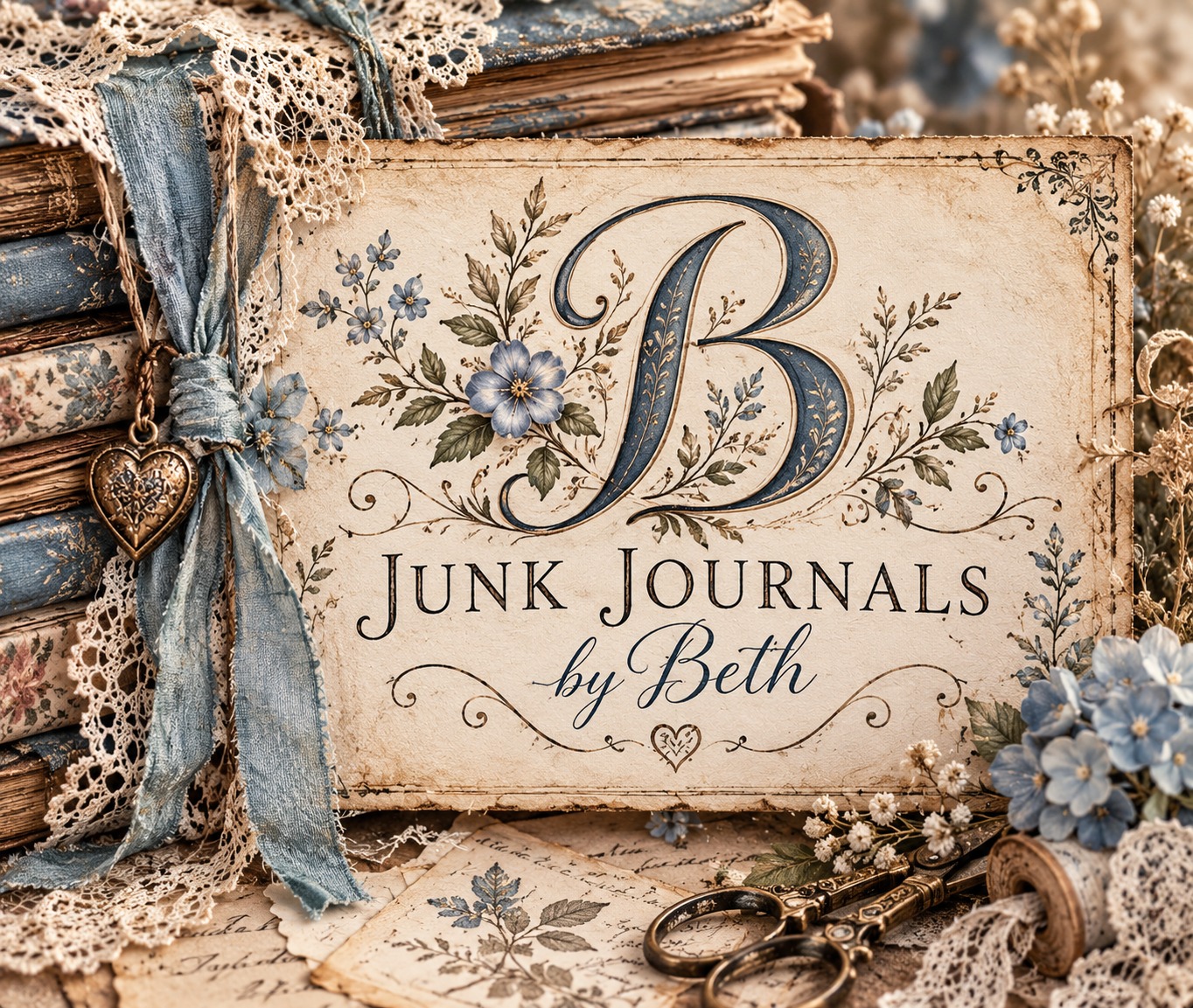 Junk Journals by Beth maker card in dusty blue, cream and vintage paper style